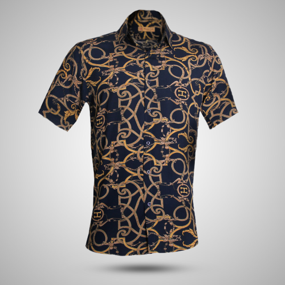 پیراهن هاوایی مدلhermes سرمه ای 